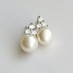 NEW white cultured pearl stud earrings with white Sapphire in Sterling Silver